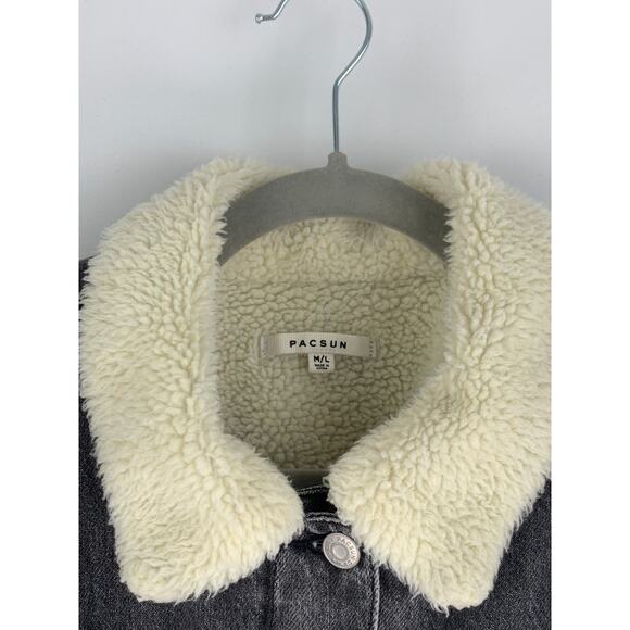 PacSun Sherpa Lined Denim Jean Jacket Womens Size Medium Large Black Moonstone - Picture 5 of 8